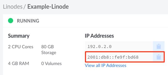 The IPv6 address highlighted within the Linode&rsquo;s detail section of the Cloud Manager