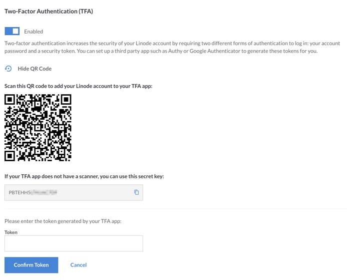 The key and QR code for two-factor authentication.