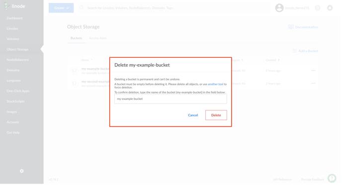 Confirm deleting the Object Storage bucket